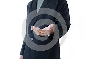 Business woman showing thumb up gesture isolated on white backgroundBusiness man open empty hand for show something on white back photo