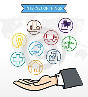 Business man Open hand with icon about Internet of things (IoT)