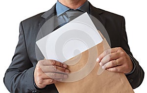 Business man opens envelope with blank sheet, on white background