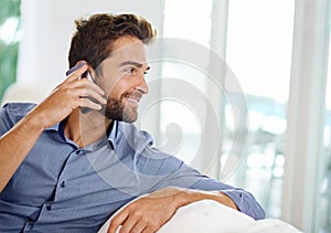 Business man, phone call and communication in home, networking and app for talking. Male person, smile and planning for