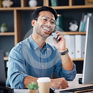 Business man, phone call and laughing at computer, office desk or conversation with smile. Happy worker, cellphone and