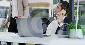 Business man, phone call and paperwork for discussion, networking and connection in office. Male person, smartphone and