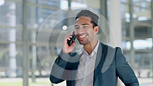 Business man, phone call and smile in corridor with talking, networking or communication for deal in workplace. Asian