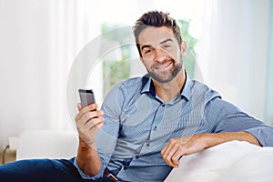 Business man, phone and portrait for email in home, communication and networking for company. Male person, smile and