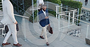 Business man, phone and texting in city with communication, networking and walking on metro sidewalk. Person, employee