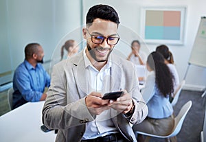 Business man, phone and texting in office, meeting and happy for notification, deal and networking at company