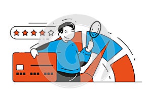 Business man and plastic bank card control credit rating score gauge indicator vector illustration