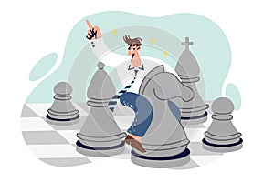 Business man plays chess sitting astride knight chess piece, demonstrating strategic thinking