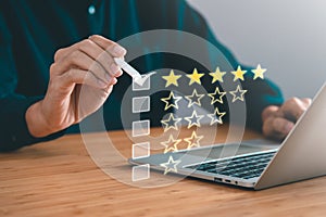 Business man point five stars survey rating icon for customer satisfaction scores