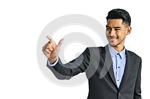 Business man pointing at something interesting on a white background