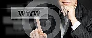 Business man pointing www address bar. Seo, internet marketing and advertising marketing concept. Human Hands Closeup