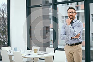 Business man, portrait and thinking in modern office for decision, planning and management. Project manager, idea and photo