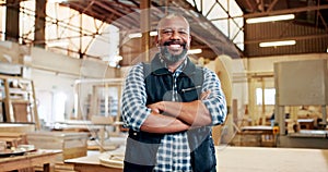 Business, man and portrait in woodwork workshop, happy and proud confident African male person in carpentry trade