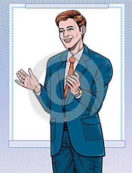 Business man presentation. Talk about meetings. Listen carefully. Illustration vector. On pop art comics style.