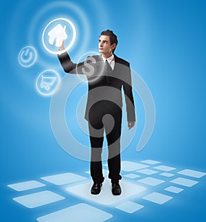 Business man pressing button