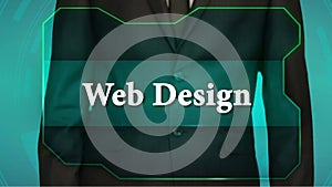 Business man push reverse button on touch screen. web design inscription