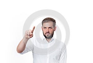 Business man pushing on button. Man in front of visual touch screen.