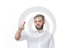 Business man pushing on button. Man in front of visual touch screen.