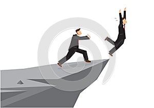 Business man pushing his competitor off the cliff. Concept of co