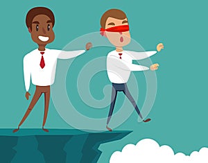 Business man pushing his competitor off the cliff. Concept of competition, sabotage and danger of the corporate business