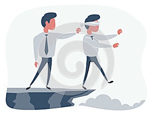 Business man pushing his competitor off the cliff. Concept of competition, sabotage and danger of the corporate business