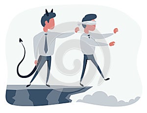 Business man pushing his competitor off the cliff. Concept of competition, sabotage and danger of the corporate business