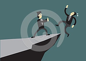 Business man pushing his competitor off the cliff. Concept of competition, sabotage and danger of the corporate business world.