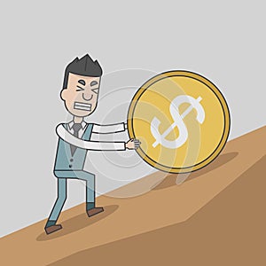 Business man pushing a huge coin with dollar sign uphill