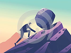 Business man pushing large stone up to hill, Business concept