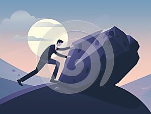 Business man pushing large stone up to hill, Business concept