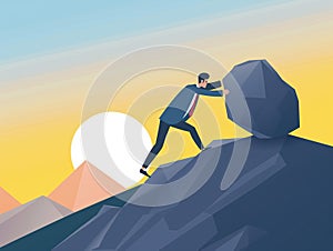 Business man pushing large stone up to hill, Business concept