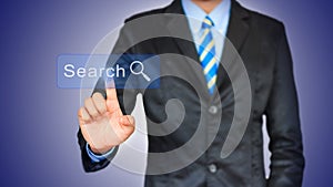 Business man pushing search botton on a touch screen interface