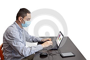 Business Man in quarantine for coronavirus working at his office desk wearing protective face mask.