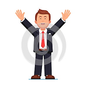 Business man raising hands up celebrating success