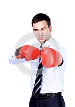 Business man ready to fight with boxing gloves