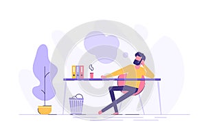 Business man is relaxing and dreaming about something at his work place. Modern office interior. Business concept. Vector