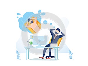 Business man is relaxing and dreaming about surfing and vacation on a tropical island at his work place. Modern office