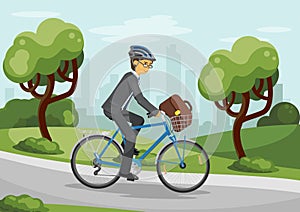 Business man riding bike in helmet