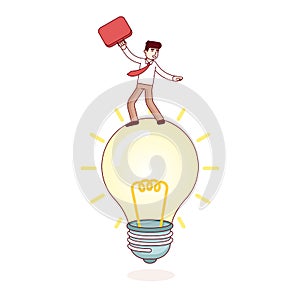 Business man riding bright idea lamp