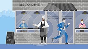 Business man run through bistro restaurant without interested