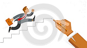 Business man run and hurry on stairs drawing by big hand of boss vector illustration, funny comic cute cartoon worker or employee