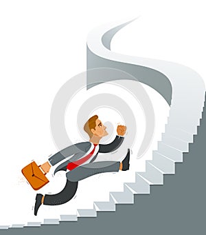 Business man run and hurry on stairs up high vector illustration, funny comic cute cartoon businessman worker or employee inspired