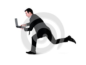 Business man run with laptop