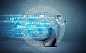 Business man running with device and data concept