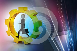 Business man running in gear wheels