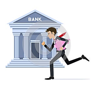 Business man running with piggy-bank to bank