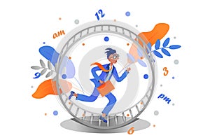 Business man runs rat race in hamster wheel clock. Metaphor of time management.