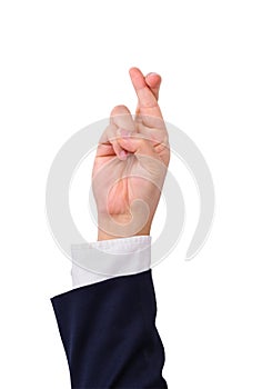 Business man's finger crossed hand sign