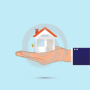 Business man`s hand holding house vector illustration