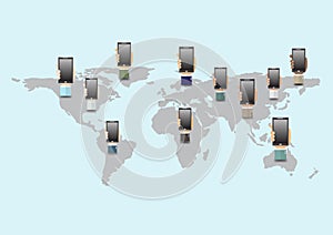 Business man`s hands holding smartphone over world map, business technology wireless communication concept